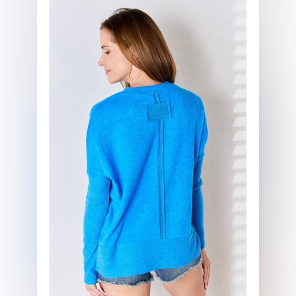 Zenana Ribbed Trim Round Neck Long Sleeve Top XL ocean blue - Picture 2 of 13